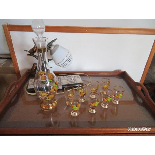 Service � liqueur complet avec carafe et bouchon & 8 verres � pied noix/noisettes - (Vintage 60-70)