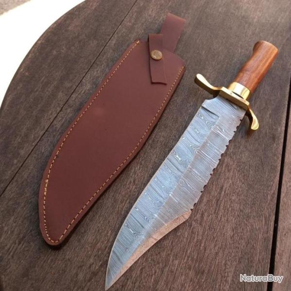 Grand Couteau BOWIE DAMAS Manche en Bois avec �tui en cuir marron