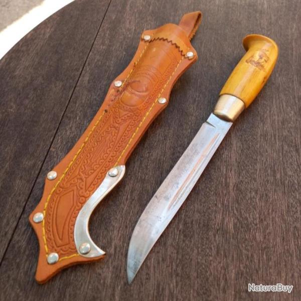 Couteau PUUKKO LISAKKI JARVENPA� de KAUHAVA FINLAND Manche en Bois avec Fourreau en cuir
