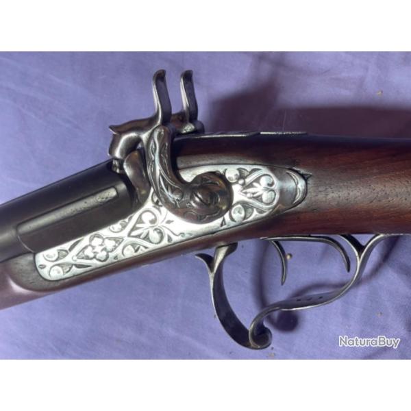 Fusil de chasse  percussions juxtaposes XIXme Canon grav  TORDU gravures fleurs de lys profondes