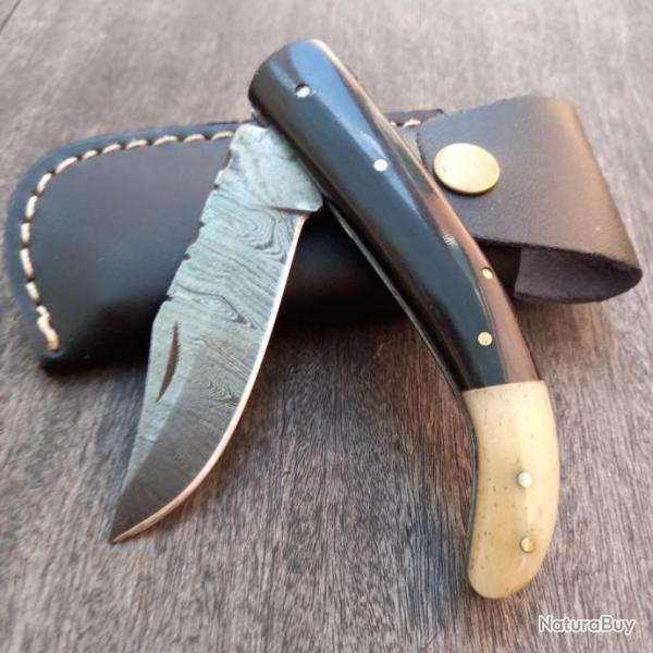 Couteau Damas Manche en Corne et Os avec �tui en cuir noir