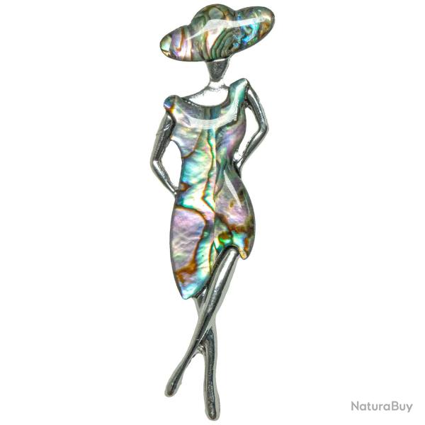 Broche femme en robe et chapeau avec nacre abalone