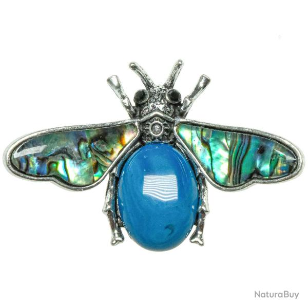Broche abeille avec agate bleue et nacre abalone