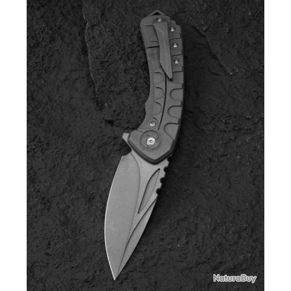 BTKT2203A Bestech Buwaya Gray SW Titanium Handle M390 Drop Point Blade Framelock Clip