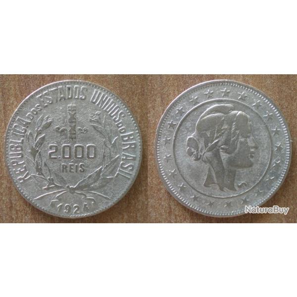 Bresil 2000 Reis 1924 Piece Argent Amerique Sud Cruzados Cruzeiros
