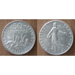 France 50 Centimes 1917 Piece Argent Semeuse Centime