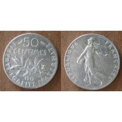 France 50 Centimes 1917 Piece Argent Semeuse Centime