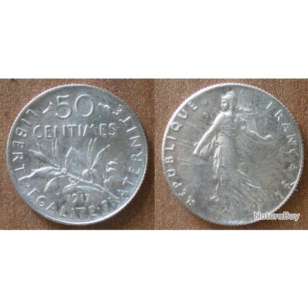 France 50 Centimes 1917 Piece Argent Semeuse Centime