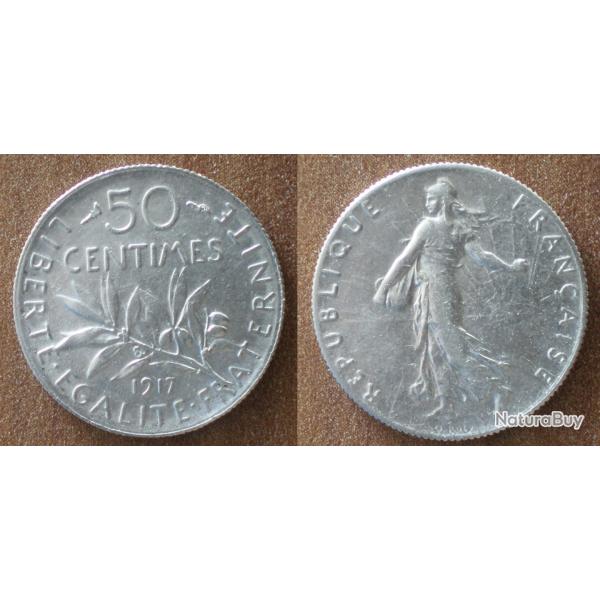 France 50 Centimes 1917 Piece Argent Semeuse Centime