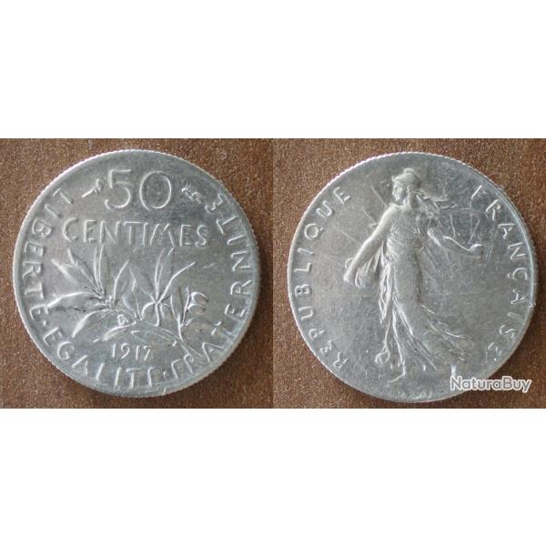France 50 Centimes 1917 Piece Argent Semeuse Centime