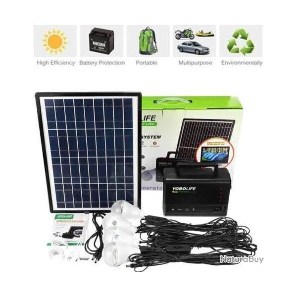 KIT PANNEAU SOLAIRE GENERATEUR 10W 18V + 4 AMPOULES 2 USB CAMPING TELEPHONE