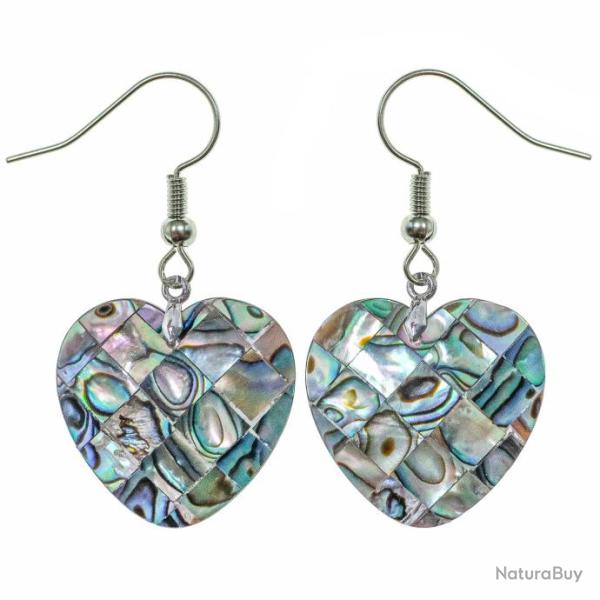 Boucles d'oreilles coeur en nacre abalone paua