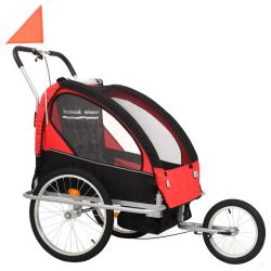 Remorque &agrave; v&eacute;lo et poussette pour enfants 2-en-1 tissu Oxford + cadre en acier rouge et noir 02_000