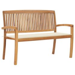 Banc de jardin meuble de patio d'ext&eacute;rieur terrasse empilable et coussin cr&egrave;me 128,5cm bois de teck