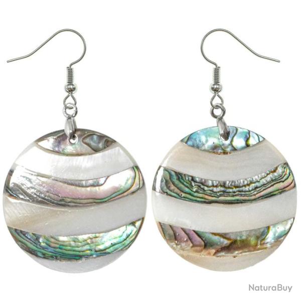 Boucles d'oreilles ronde en nacre blanche et abalone paua