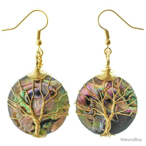 Boucles d'oreilles rondes arbre de vie avec nacre abalone paua
