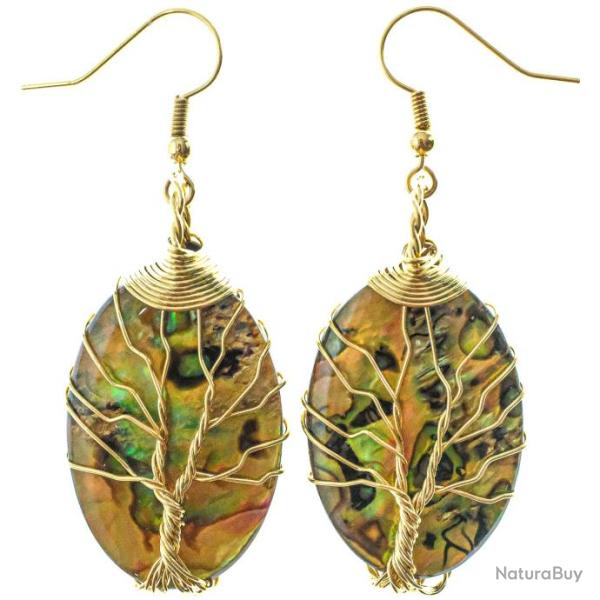 Boucles d'oreilles ovales arbre de vie avec nacre abalone paua