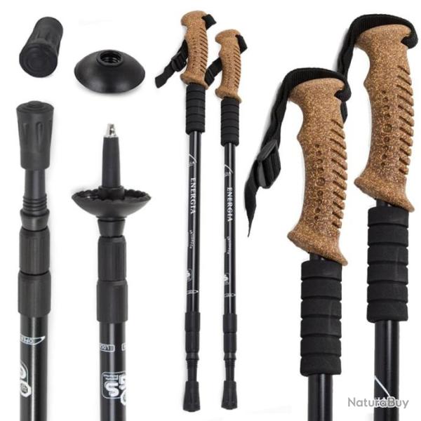 2 B�TONS DE MARCHE NORDIQUE RANDONN�E ENERGIA WOOD ALUMIN 3 STEP BLACK RESSORT ANTI-CHOC