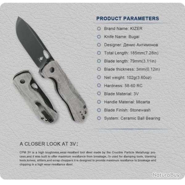 Couteau Kizer Cutlery Bugai Lame Acier CPM-3V Black Drop Point Manche Micarta IKBS KIV3627A1