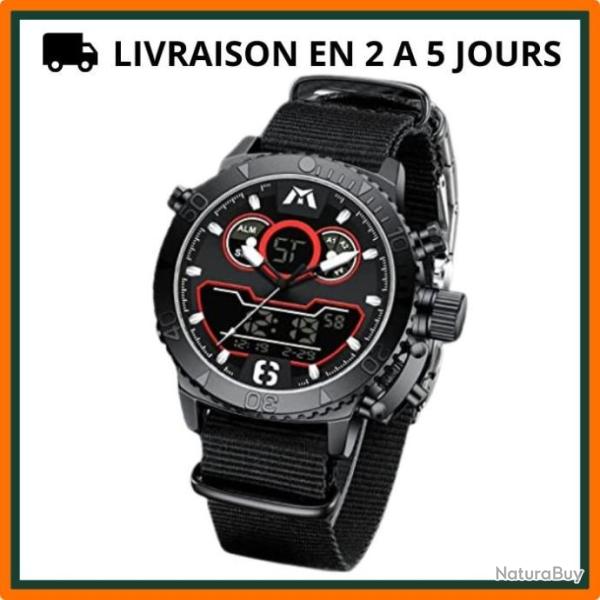 Montre militaire - Chronographe - Ecran LED - Acier inoxydable - Analogique - Noir et rouge