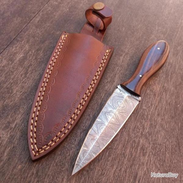 Joli Couteau Damas Dague Double tranchants Manche en Bois avec �tui en cuir