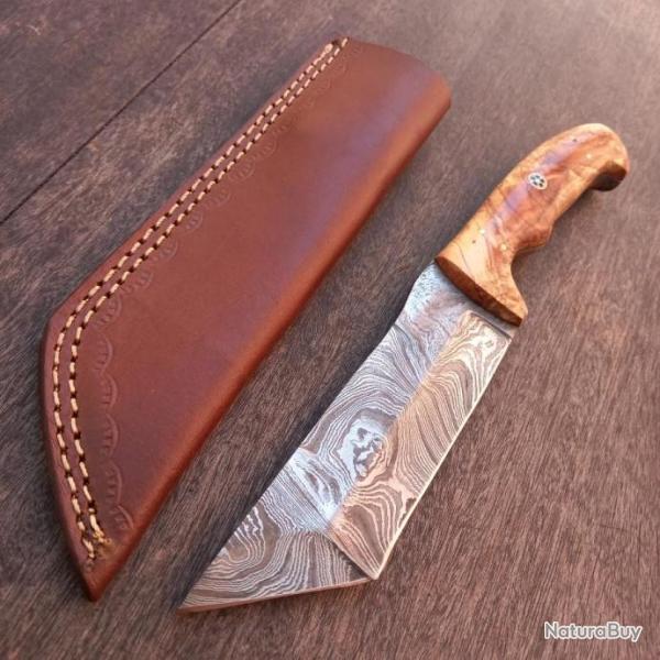 Joli Couteau Damas TANTO Manche en Joli Bois  avec tui en cuir