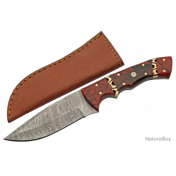 Couteau de Chasse Damas Rodeo Hunter Lame 256 Couches Manche Rsine Etui Cuir DM1366