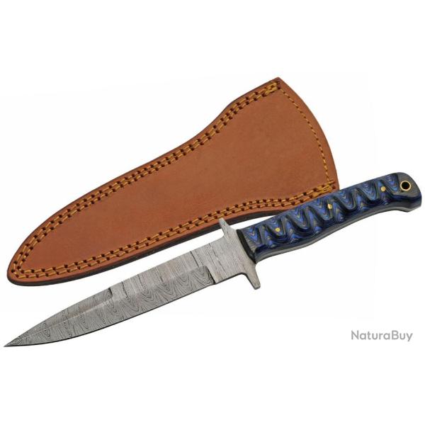 Couteau De Chasse Pig Stricker Blue Lame Damas 256 Couches Manche Bois Etui Cuir DM1367BL