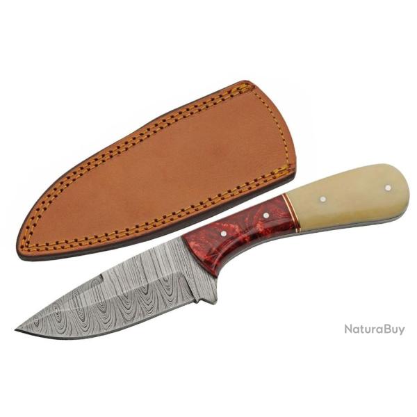 Couteau Damas Skinner Manche Os de Chameau/Rsine Lame 256 Couches Etui Cuir DM1370RD