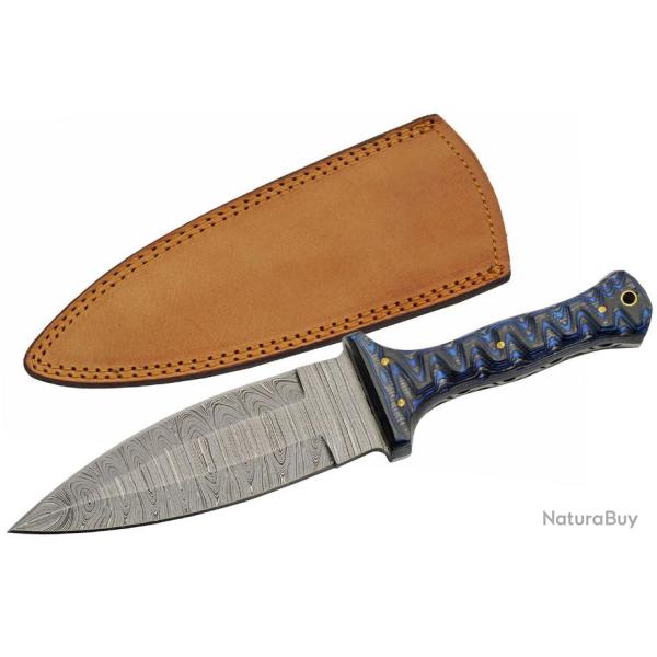 Couteau Dague Bleu Lame Damas 256 Couches Manche Bois Etui Cuir DM1371BL