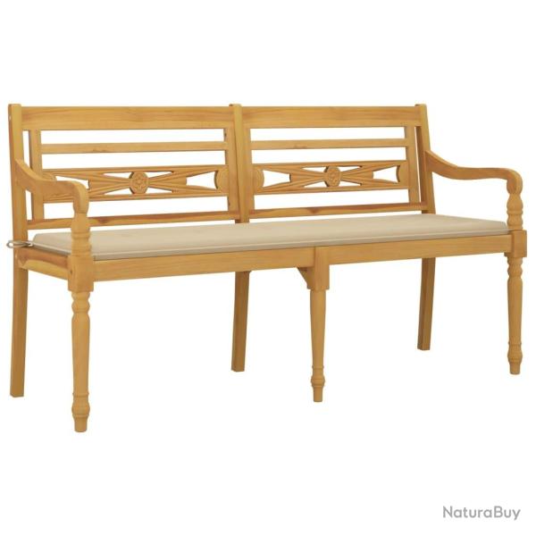 Banc de jardin meuble de patio d'ext�rieur terrasse avec coussin beige 150 x 50 x 3 cm bois de teck