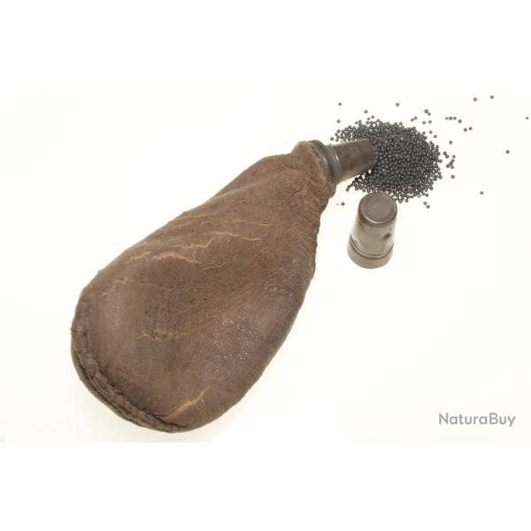 Poire ancienne en cuir pour plombs de chasse