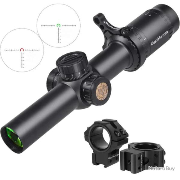 Lunette Vis�e 1-6X24 R�ticule Mildot Vert-Rouge Coll. Rail 11mm Levier R�gl. Chasse Battue Tactique