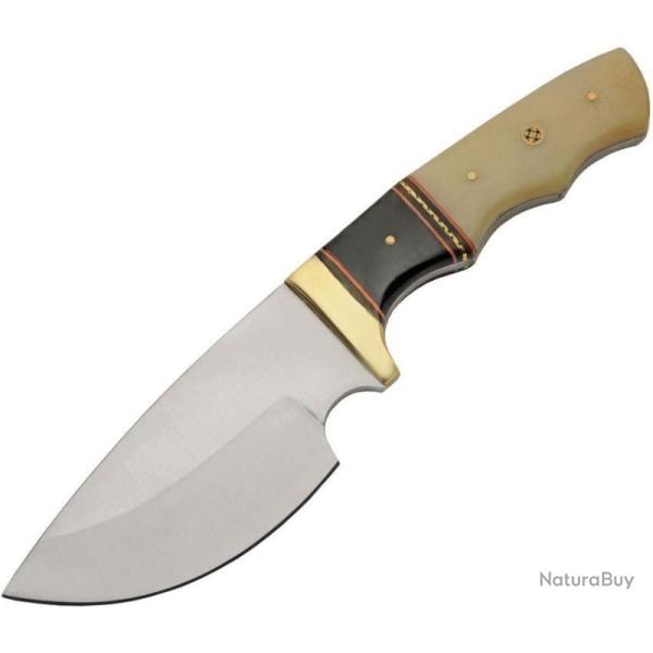 Couteau De Chasse Skinner Manche Buffalo Bone Lame Acier Inox Etui Cuir PA203452BO