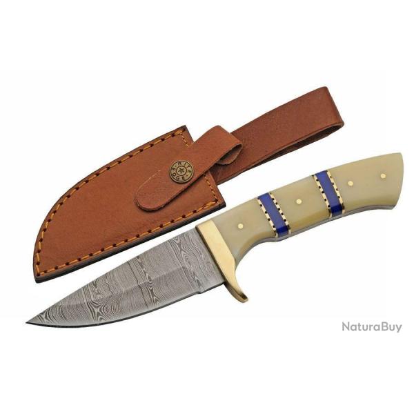 Couteau de Chasse Skinner Admirals Blue Lame Damas 256 Couches Manche Os Etui Cuir DM1372