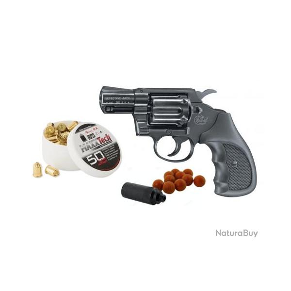 Pack d�fense revolver Colt D�tective sp�ciale Noir Calibre 9mm RK + 50 Munitions + embout self-gomme
