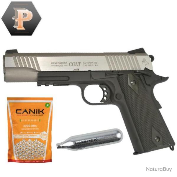 R�plique d'airsoft Colt 1911 Rail Gun GBB CO2 bicolore 1J + billes + capsules