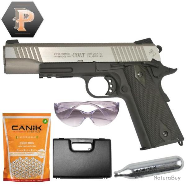 R�plique d'airsoft Colt 1911 Rail Gun GBB CO2 bicolore 1J + billes + capsules + lunette + mallette