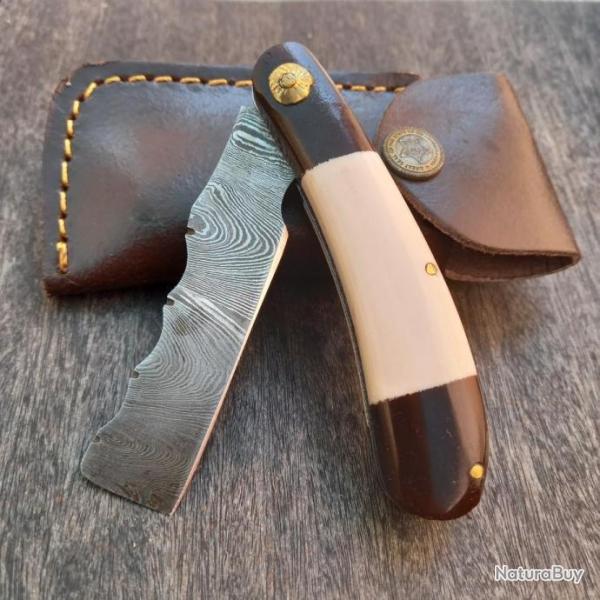 Couteau pliant Damas Coupe Choux avec �tui en cuir