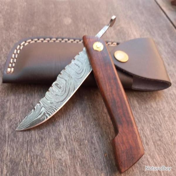 Joli Couteau Artisanal Pi�montais Damas Manche en Bois avec �tui en cuir