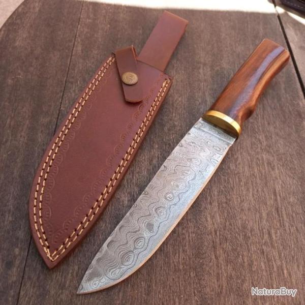 Grand Couteau Nordique PUUKKO DAMAS Manche en Bois avec �tui en cuir marron