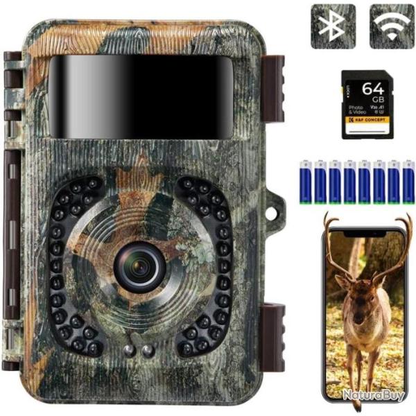 Cam�ra de Chasse Nocturne 4K WiFi Infrarouge IP66 Etanche + 8 piles + 64G Carte Micro SD A1 U3 V30