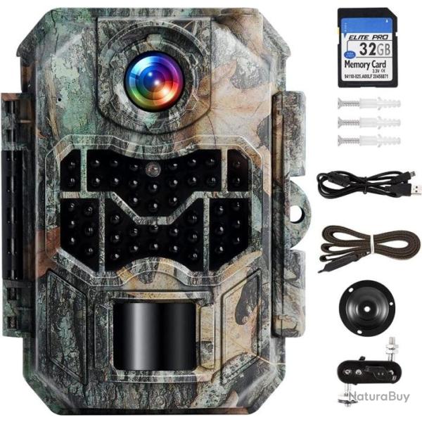 Cam�ra de Chasse IP66 32MP 4K avec 45 LED �cran 2.4" 120� 65ft Carte SD de 32 G