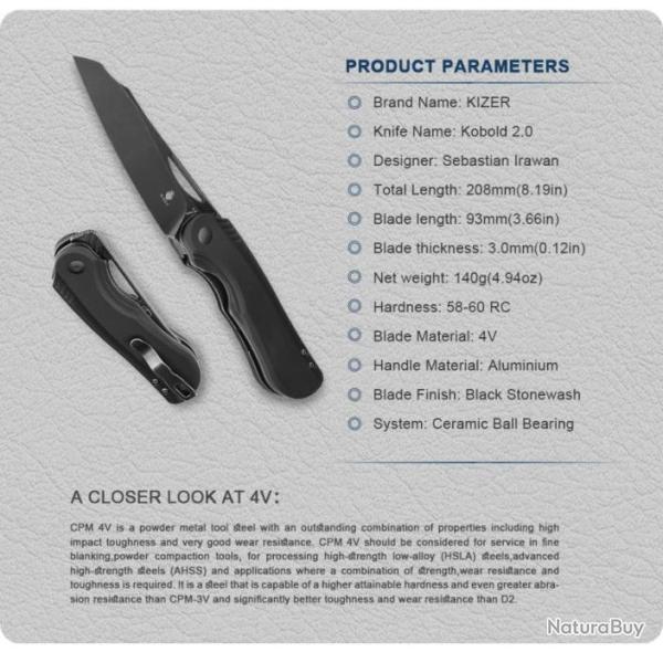 Couteau Kizer Kobold 2.0 Black Lame Acier CPM-4V Sheepsfoot Manche Alu IKBS Linerlock Clip KIV35422A