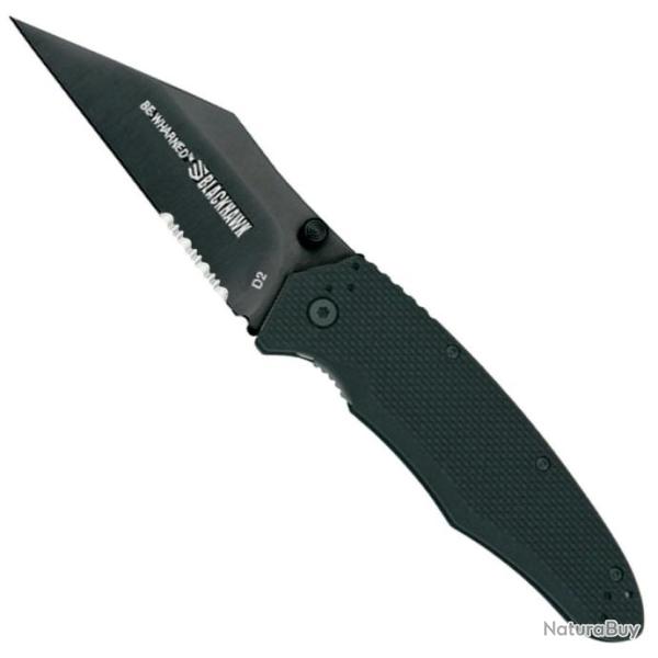 Couteau BLACKHAWK Be-Wharned A/O Black Lame Acier D2 Combo Wharncliffe Manche G10 Clip BH15BW211BK
