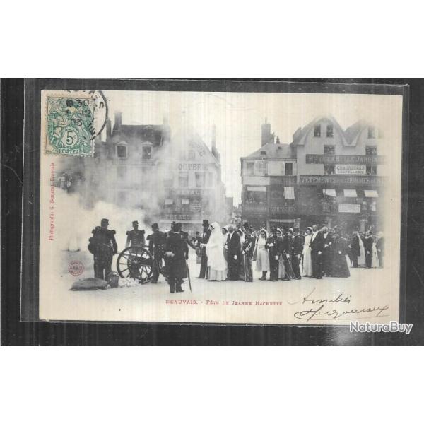 beauvais f�tes de jeanne hachette  "tir au canon" , cpa pr�curseur 1903