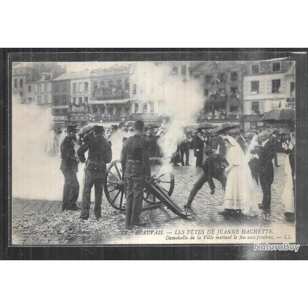 beauvais f�tes de jeanne hachette demoiselle de la ville mettant le feu aux poudres , cpa commerces