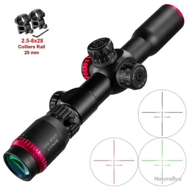 Lunette QZ 2.5-8X28 FFP Colliers Rail 20mm R�ticule RougeVert Tactique Airsoft Battue Affut FireWolf