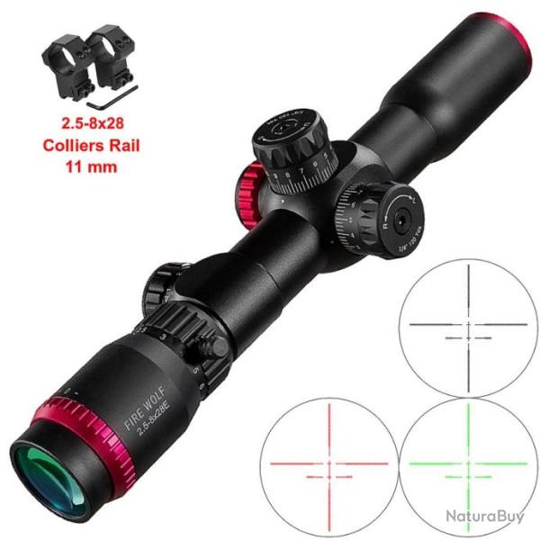 Lunette QZ 2.5-8X28 FFP Colliers Rail 11mm R�ticule RougeVert Tactique Airsoft Battue Affut FireWolf