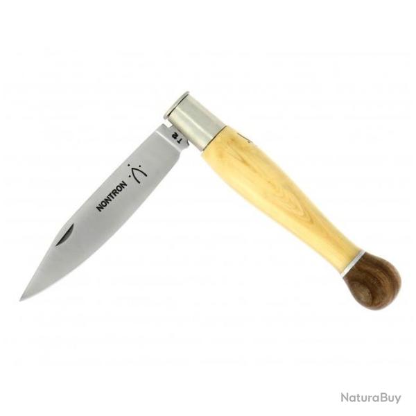 Couteau Nontron en buis Aluminium et Noyer manche boule lame inox 9cm